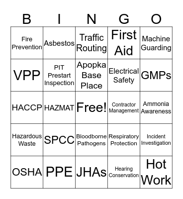 Safety Bingo Card