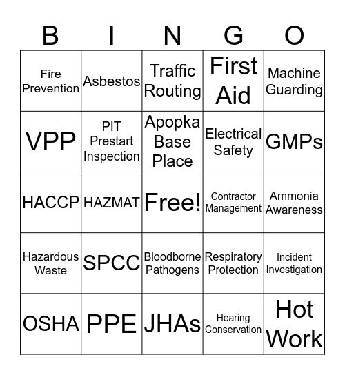 Safety Bingo Card