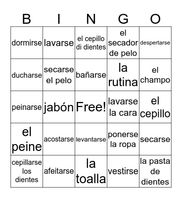 spanish vocabulary Bingo Card