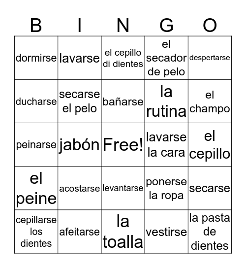 spanish vocabulary Bingo Card