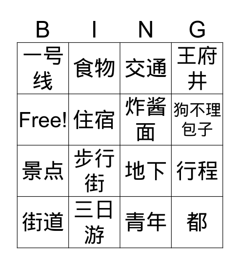 Itinerary Vocab Bingo Card