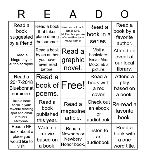 Summer Reading 2017 Bingo Card