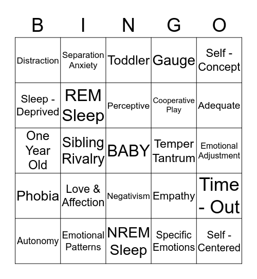 Emotional Development From One to Three Bingo Card