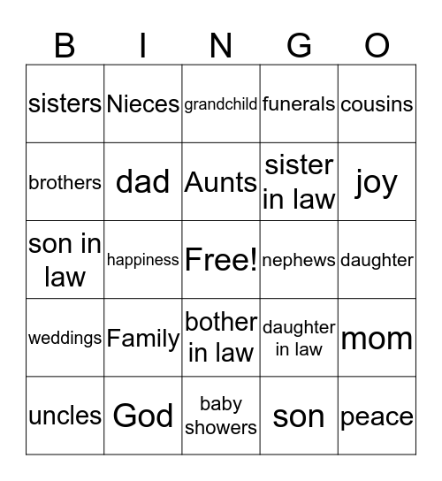 family bingo Card