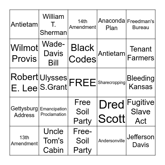 Civil War Bingo Card