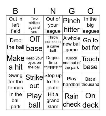 Baseball Idioms Bingo Card