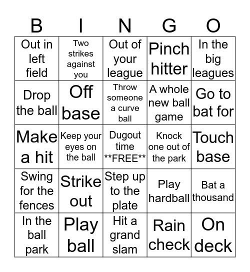 Baseball Idioms Bingo Card