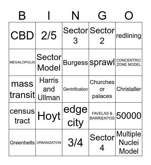 Urban/Cities Bingo Card