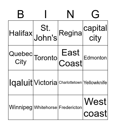 The Capital Cities of Canada Bingo Card