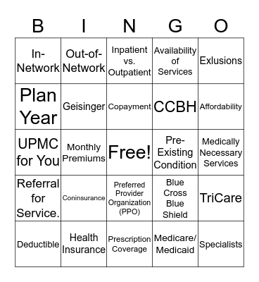 Health Insurance Bingo Card