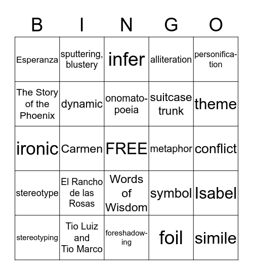 Esperanza Rising Bingo Card