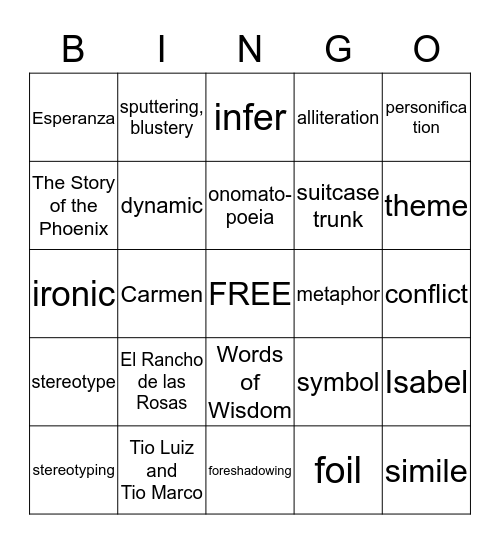 Esperanza Rising Bingo Card