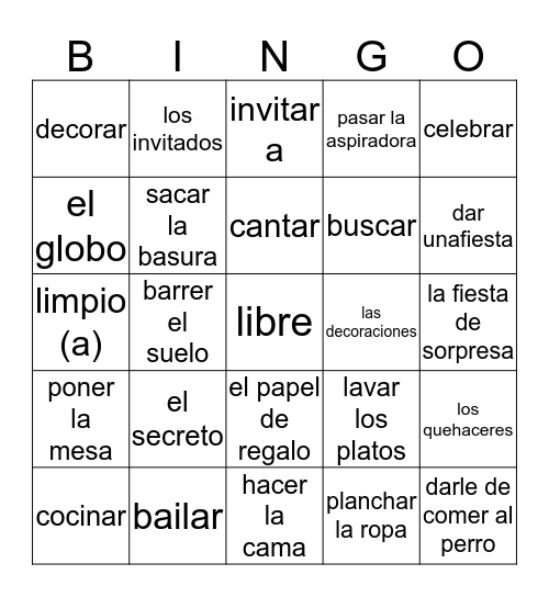 Spanish Bingo Card