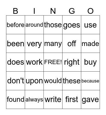Word Wall Words Bingo Card