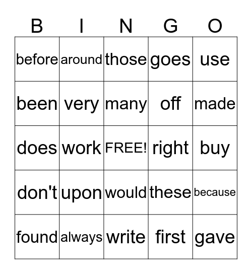 Word Wall Words Bingo Card