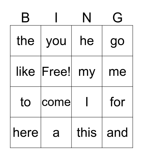 Sight Word Bingo 1 Bingo Card