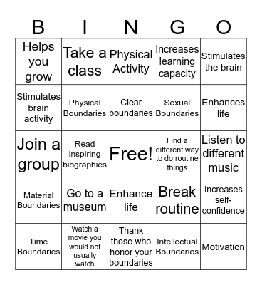 Comfort Zone Bingo Card