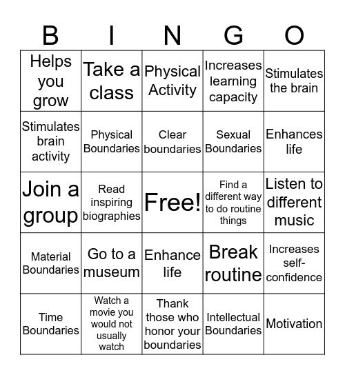 Comfort Zone Bingo Card