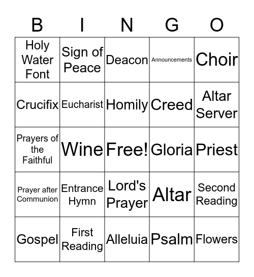 Catholic Mass Bingo Card