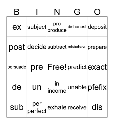 Prefixes  Bingo Card