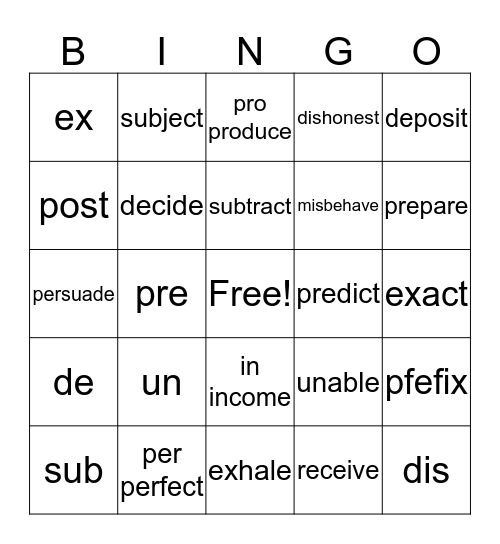 Prefixes  Bingo Card