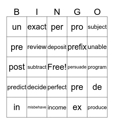 Prefixes  Bingo Card