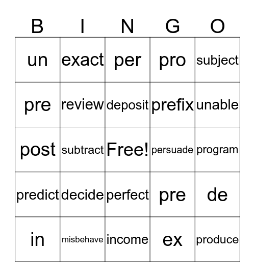 Prefixes  Bingo Card
