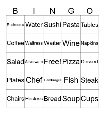 Restaurant Bingo Card