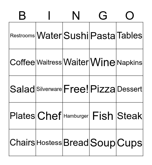Restaurant Bingo Card