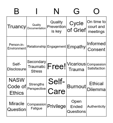 Social Work Practice  Bingo Card
