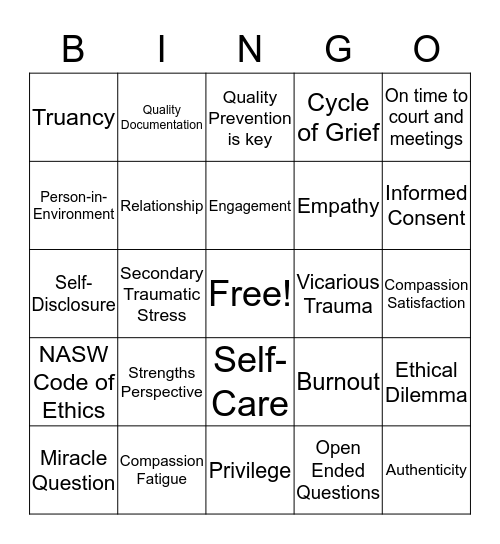 Social Work Practice  Bingo Card