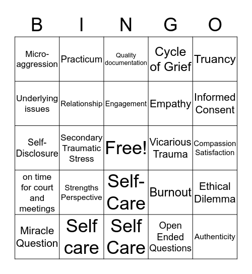 Social Work Practice  Bingo Card