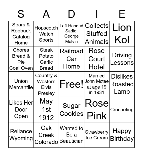 Happy 105th Birthday Sadie  Bingo Card
