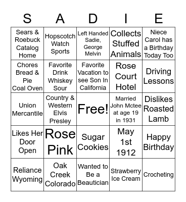 Happy 105th Birthday Sadie  Bingo Card