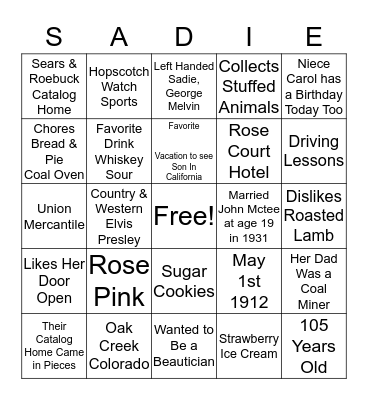 Happy 105th Birthday Sadie  Bingo Card