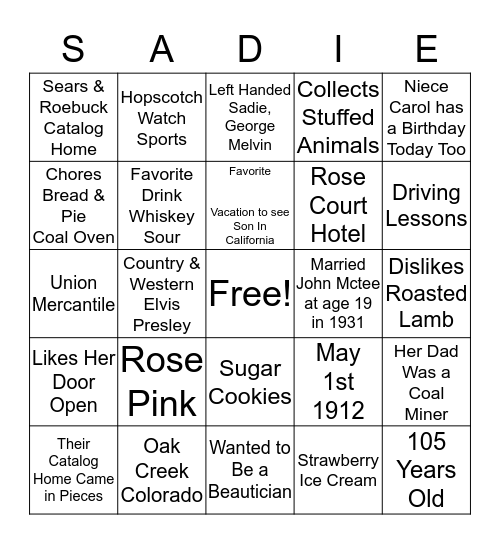 Happy 105th Birthday Sadie  Bingo Card
