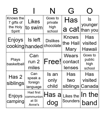 Confirmation Retreat Bingo Card