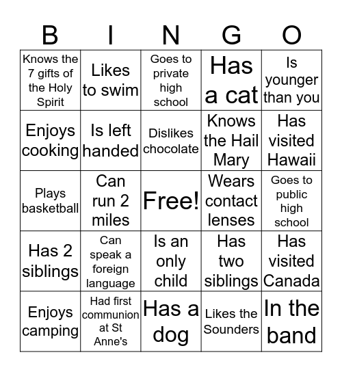 Confirmation Retreat Bingo Card