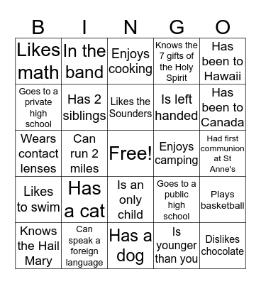 Confirmation Retreat Bingo Card