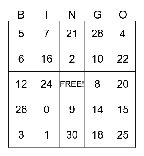 Multiplication Bingo 0-5 Bingo Card