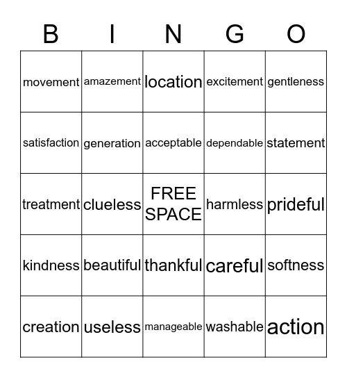 Suffix Bingo Card