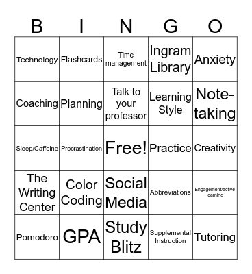 Study Skills Bingo Card