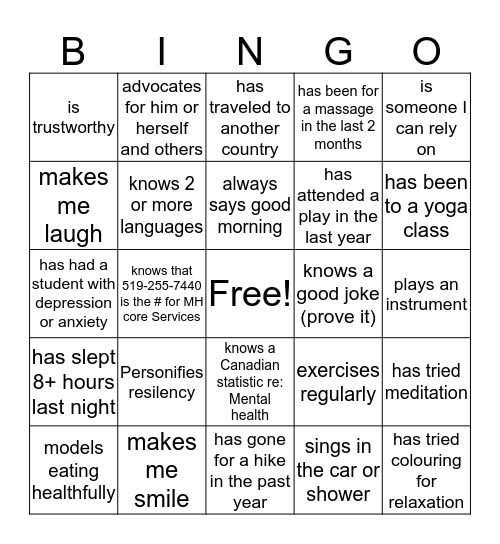 Mental Health Week Bingo:  Find Someone Who..... Bingo Card