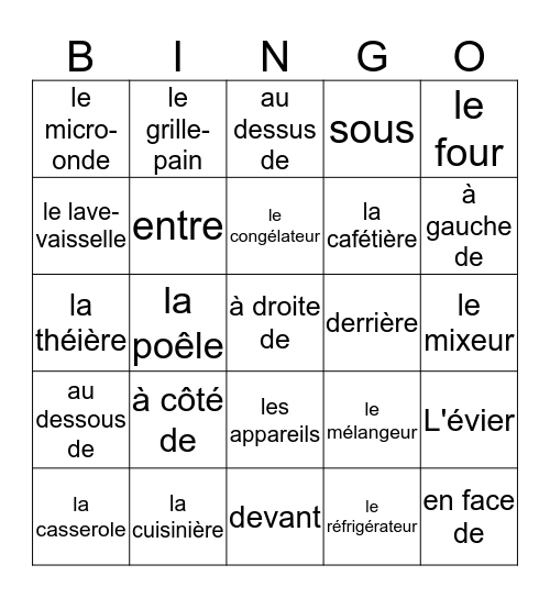 Fr2 - La cuisine/ Prep of location  Bingo Card