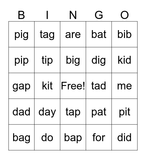 Lesson 5 Bingo Card