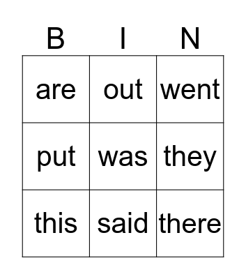 Sight words Bingo Card