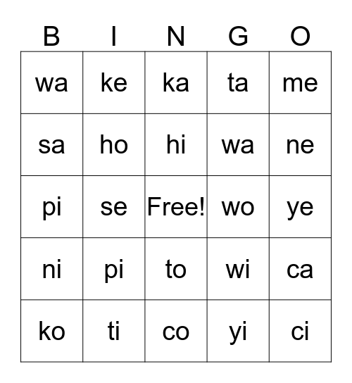 nehiyawasinahikana Bingo Card