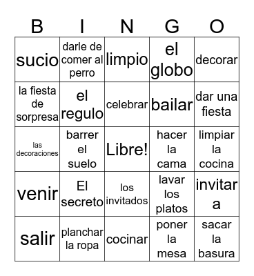 Spanish vocab Bingo Card