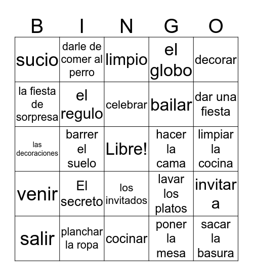 Spanish vocab Bingo Card