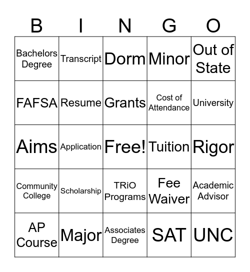 College Bingo Card